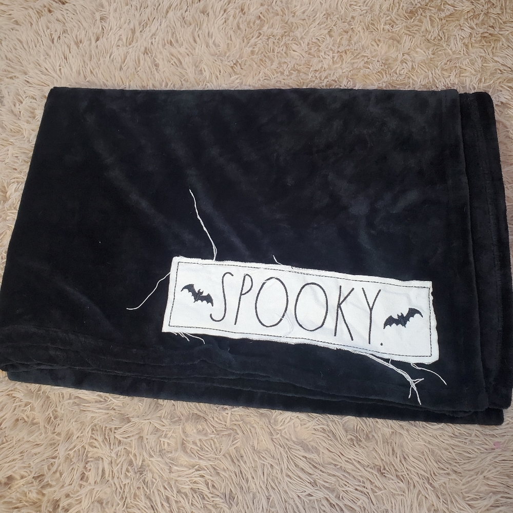 Rae Dunn “Spooky” Black Throw Blanket 50x60 NWOT Super Soft Patch With “Spooky”